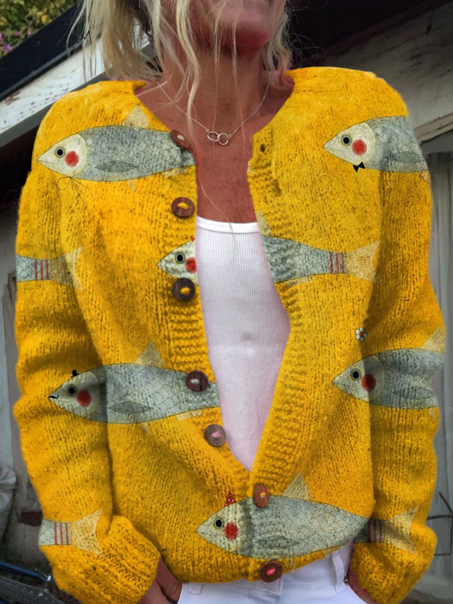 Anouk · Mustard Fish Print Cardigan