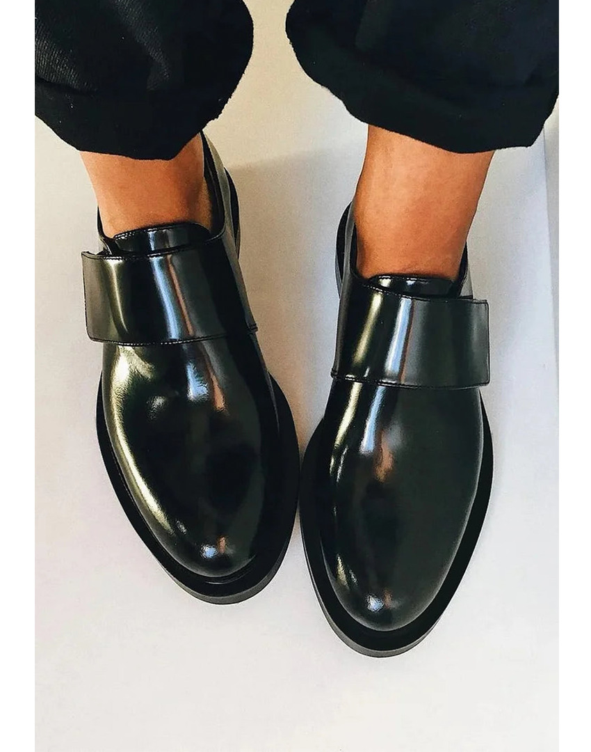 Arden · Black Glossy Strap Loafers