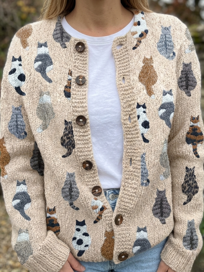 Beatrix · Cat Print Knit Cardigan