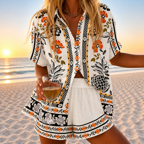 Bijou · Floral Border Print Short Set, colour White Orange