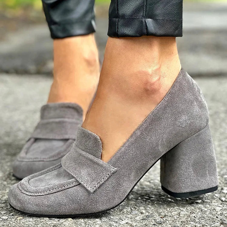 Bria · Grey Block Heel Loafers