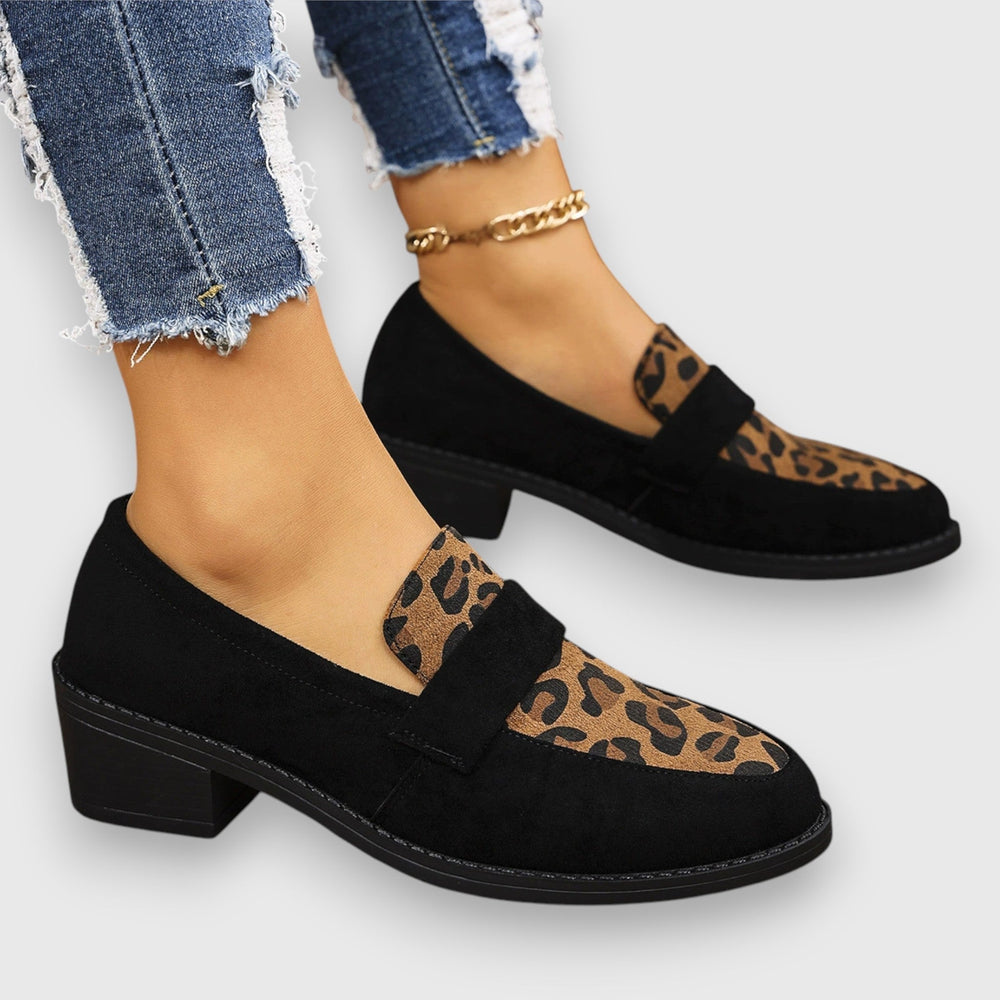 Bruna · Leopard Panel Block Heel Loafers