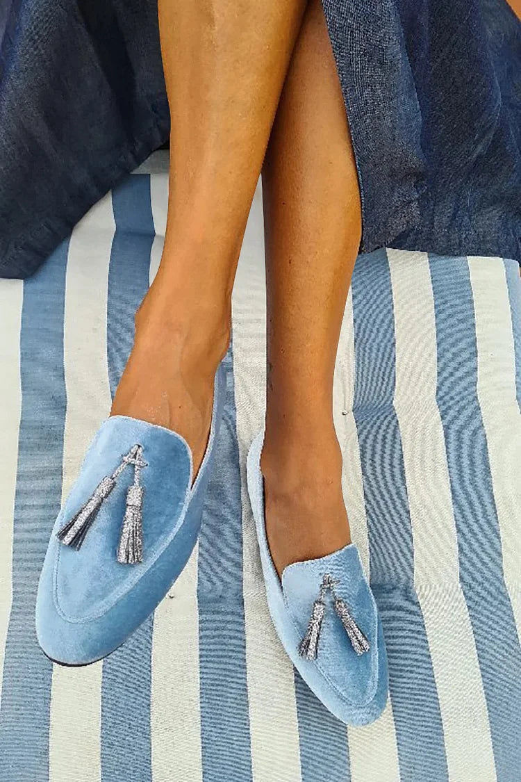 Brynlee · Light Blue Velvet-Look Tassel Loafers