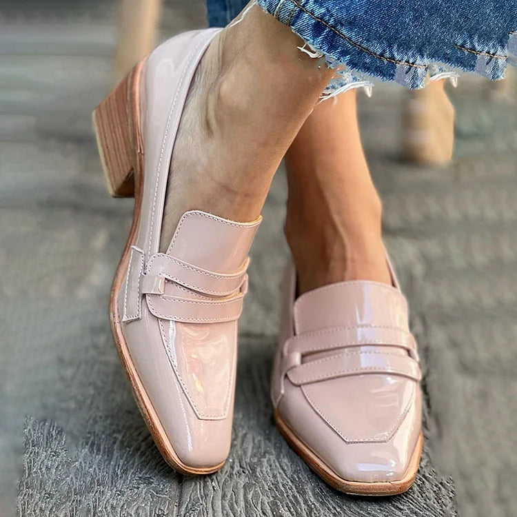 Corinne · Pink Patent Block Heel Loafers