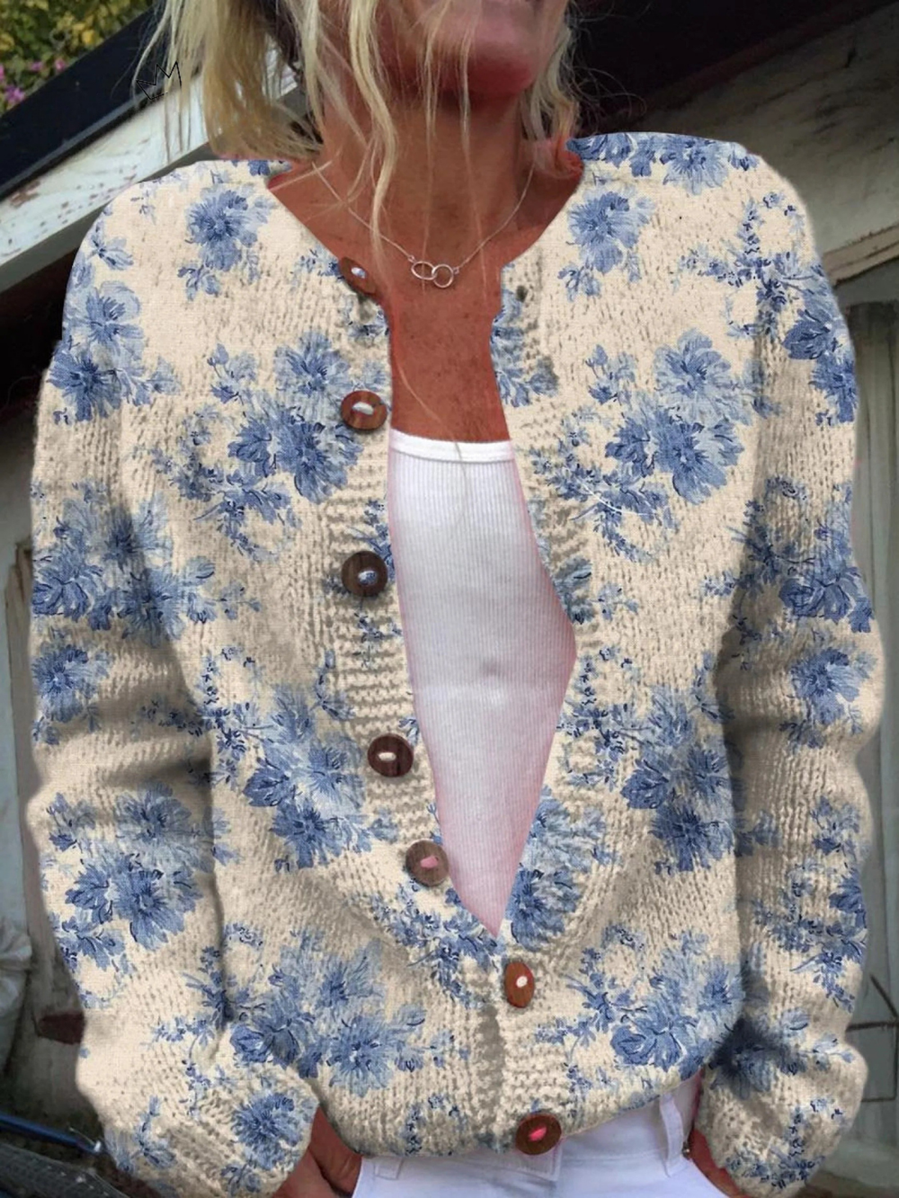 Honora · Blue Floral Knit Cardigan