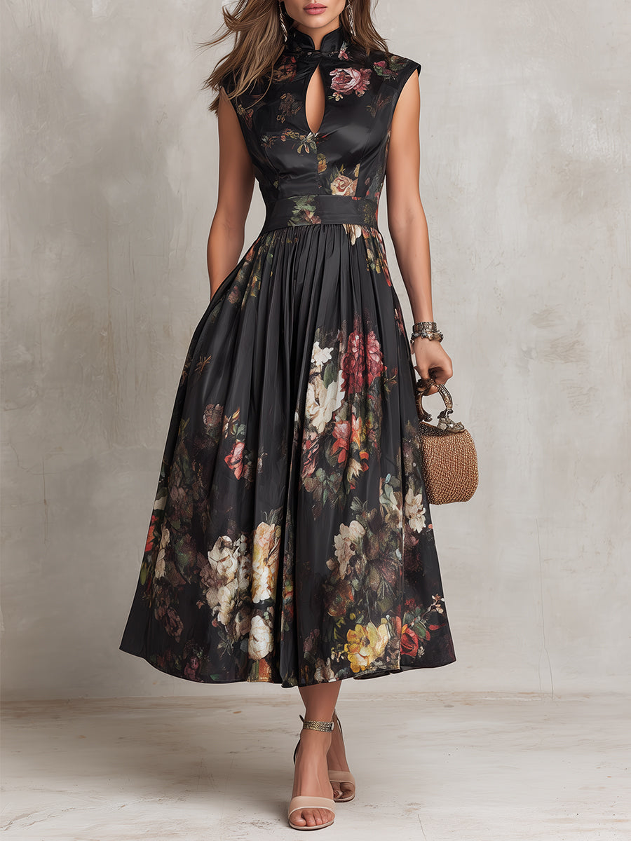 Ilaria · Floral Satin Keyhole Midi Dress