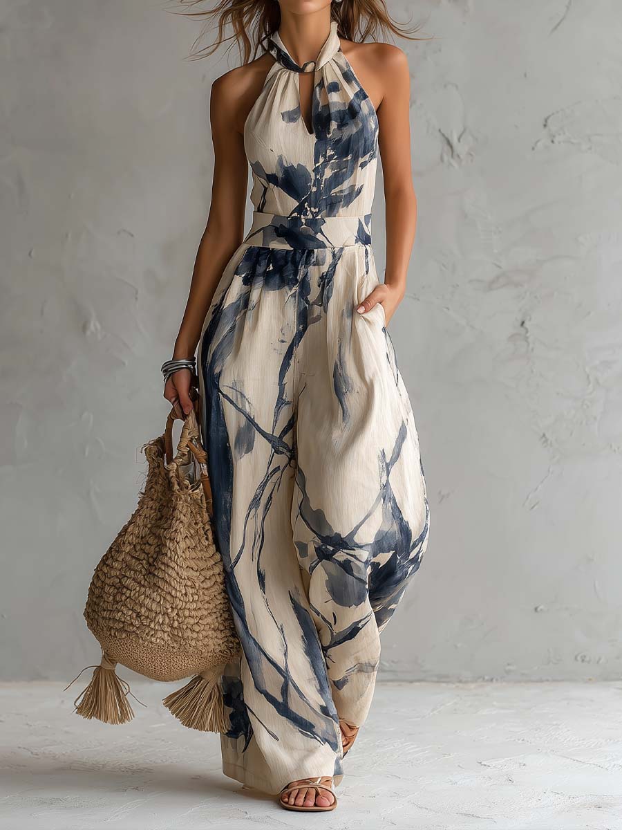 Ines · Ink Print Halter Neck Jumpsuit