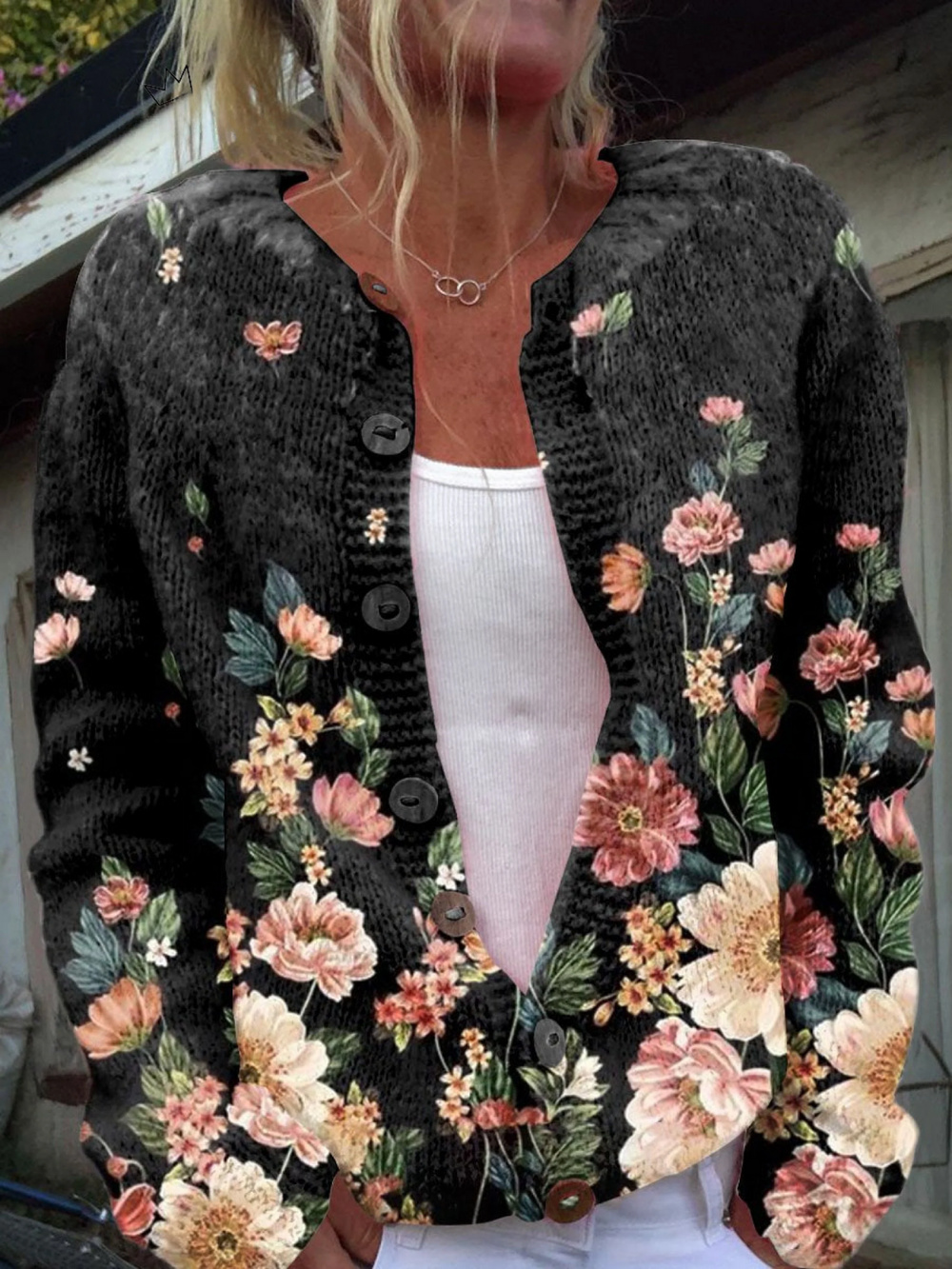 Kivara · Black Floral Knit Cardigan