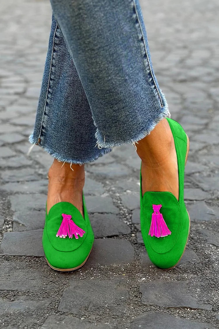 Mandy · Green Suede-Look Tassel Loafers