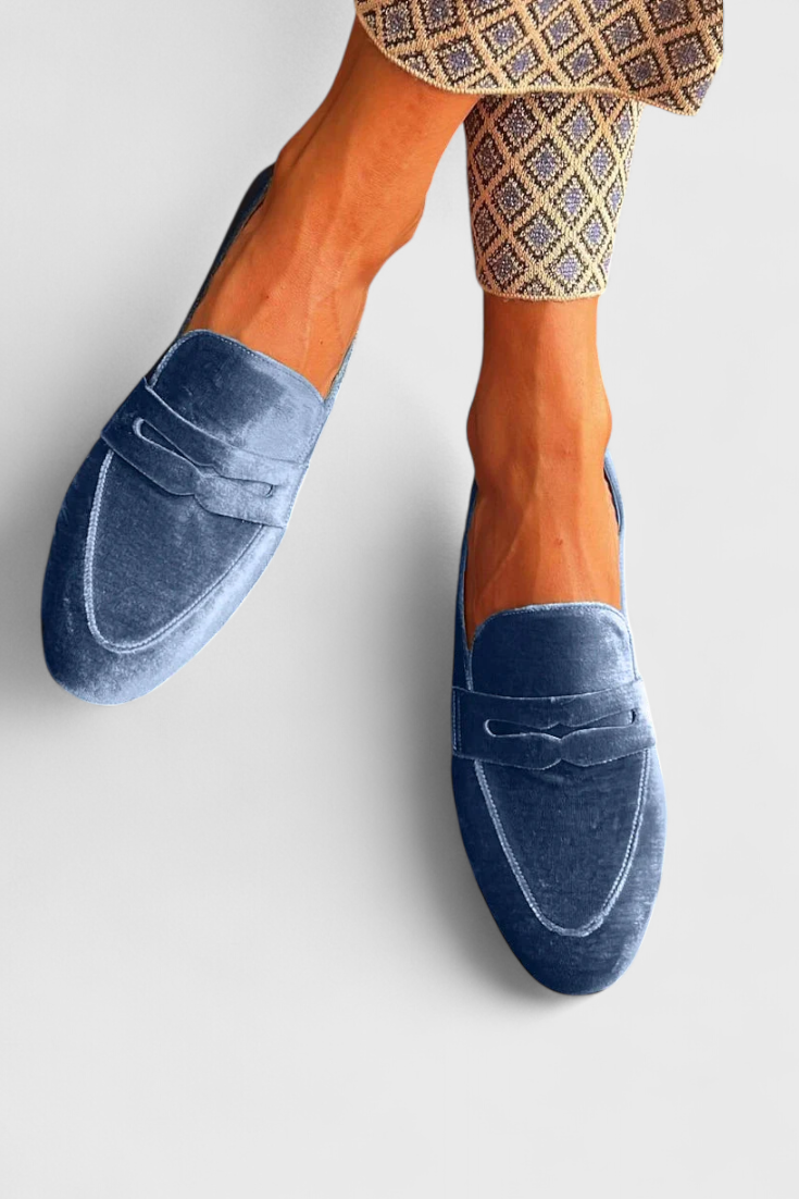 Olivia · Blue Velvet-Look Penny Loafers