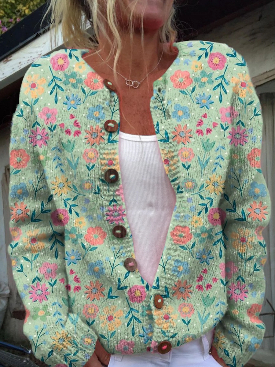 Primrose · Green Floral Knit Cardigan