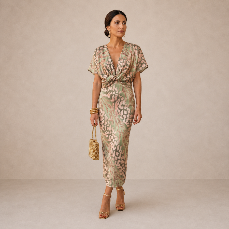 Romilly · Sage and Copper Twist Front Midi Dress
