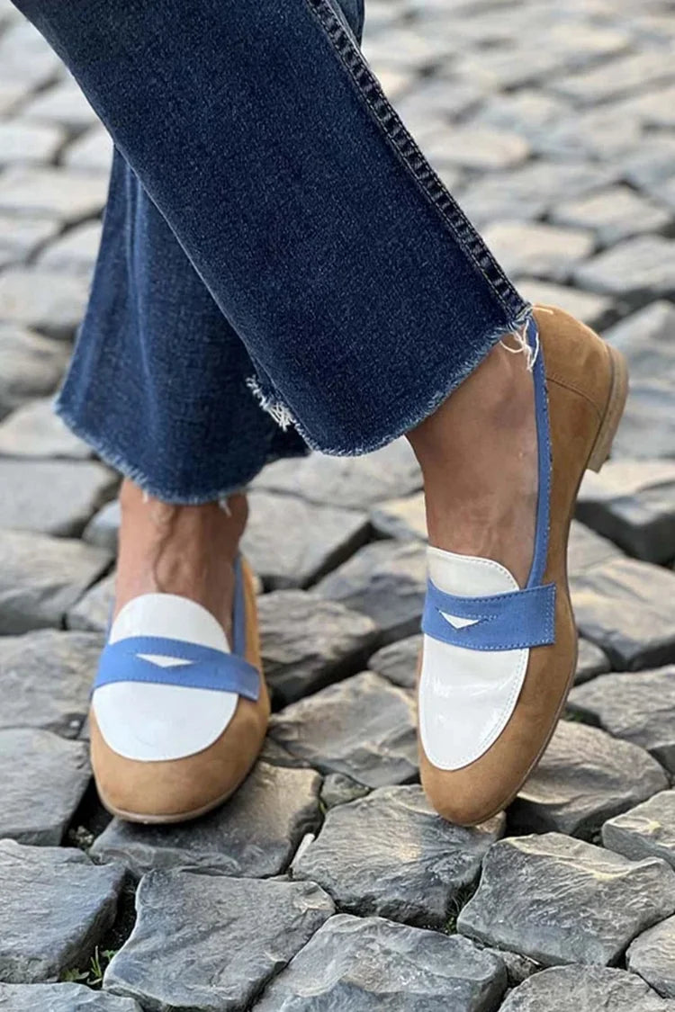 Romy · Tan and Sky Blue Penny Loafers