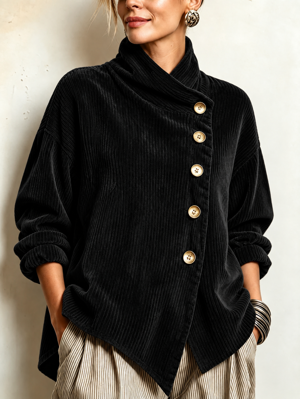Rowena · Corduroy Wrap Collar Button Top