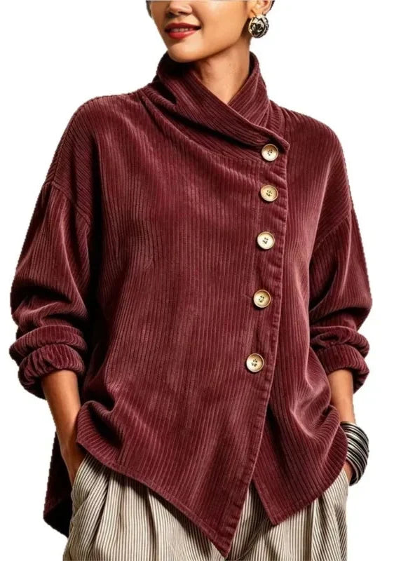 Rowena · Corduroy Wrap Collar Button Top
