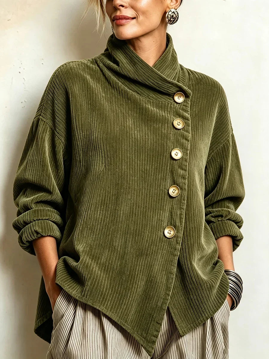 Rowena · Corduroy Wrap Collar Button Top