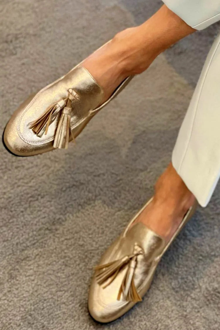 Roxanne · Gold Metallic Tassel Loafers