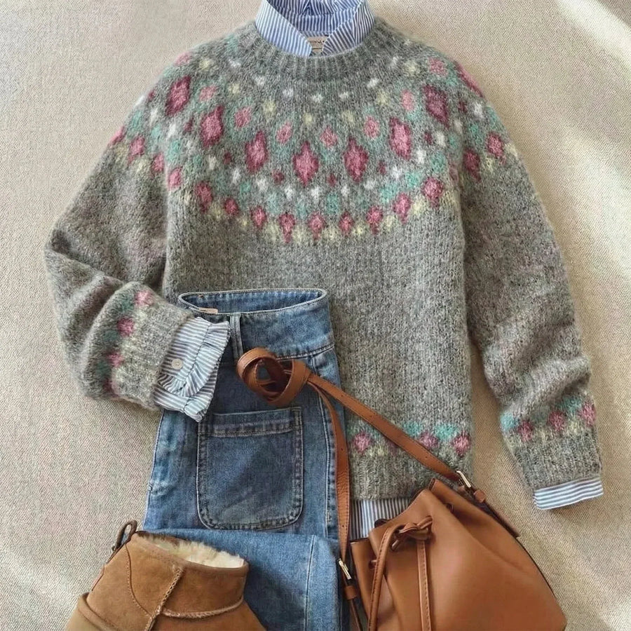 Solara · Grey and Rose Fair Isle Jumper