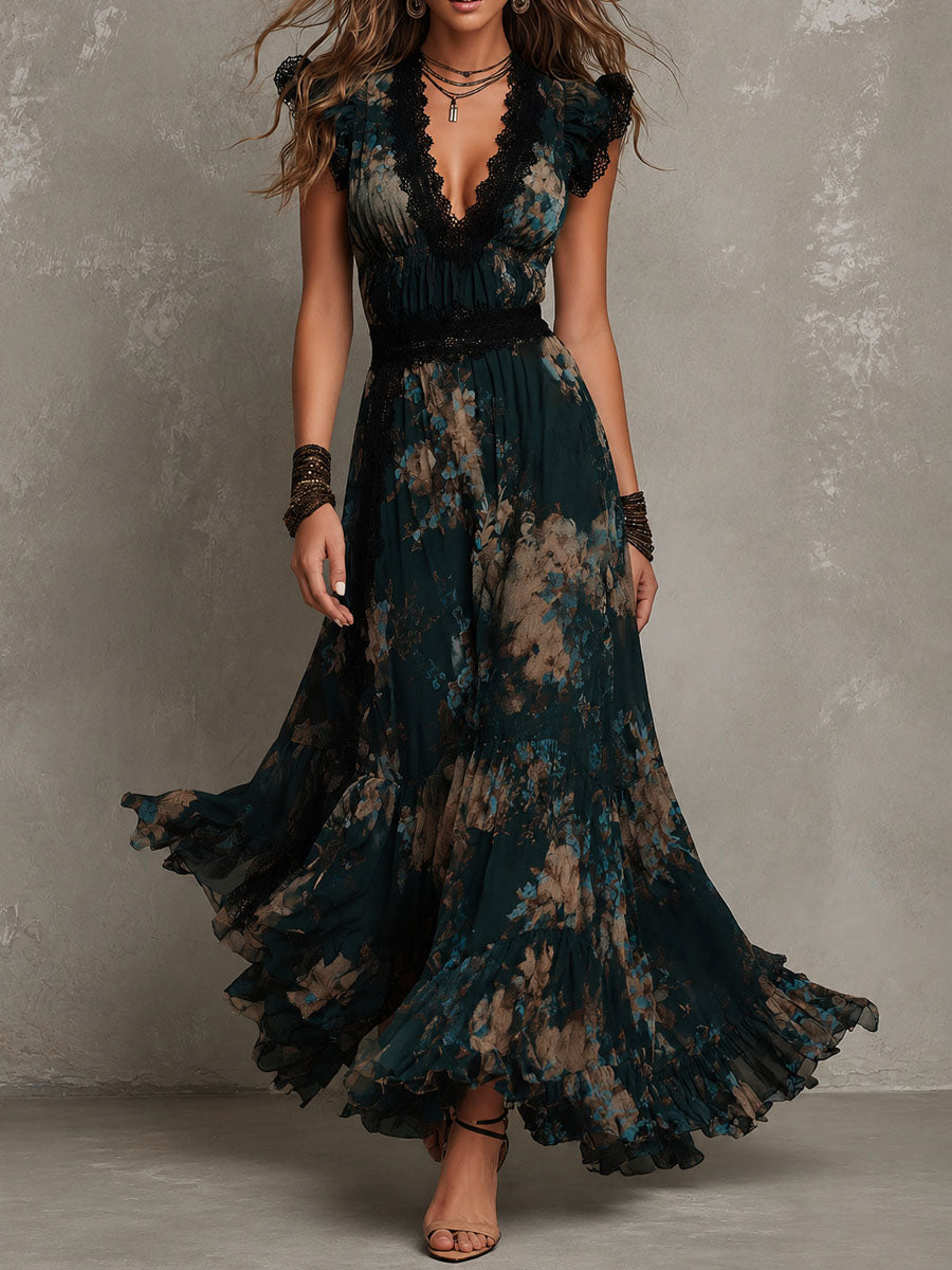 Theodora · Dark Floral Tiered Maxi Dress