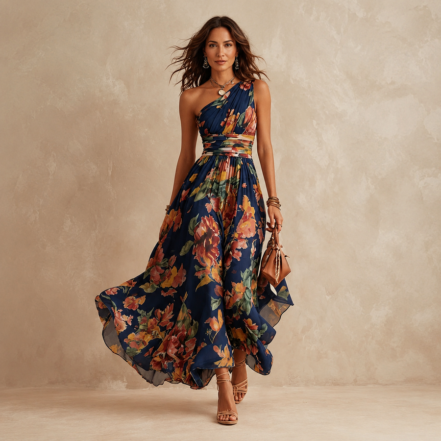 Ysolde · One Shoulder Floral Chiffon Maxi Dress
