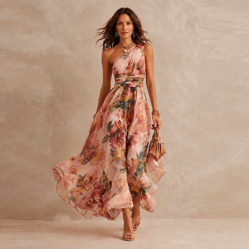 Ysolde · One Shoulder Floral Chiffon Maxi Dress